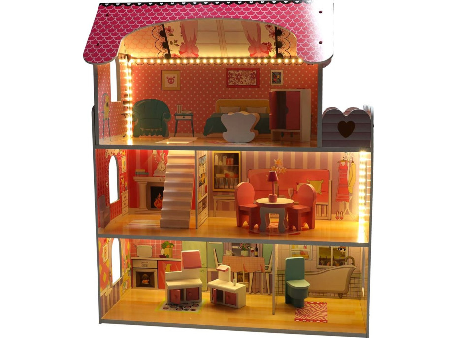 MDF dřevěný domeček pro panenky + nábytek 70cm růžový LED