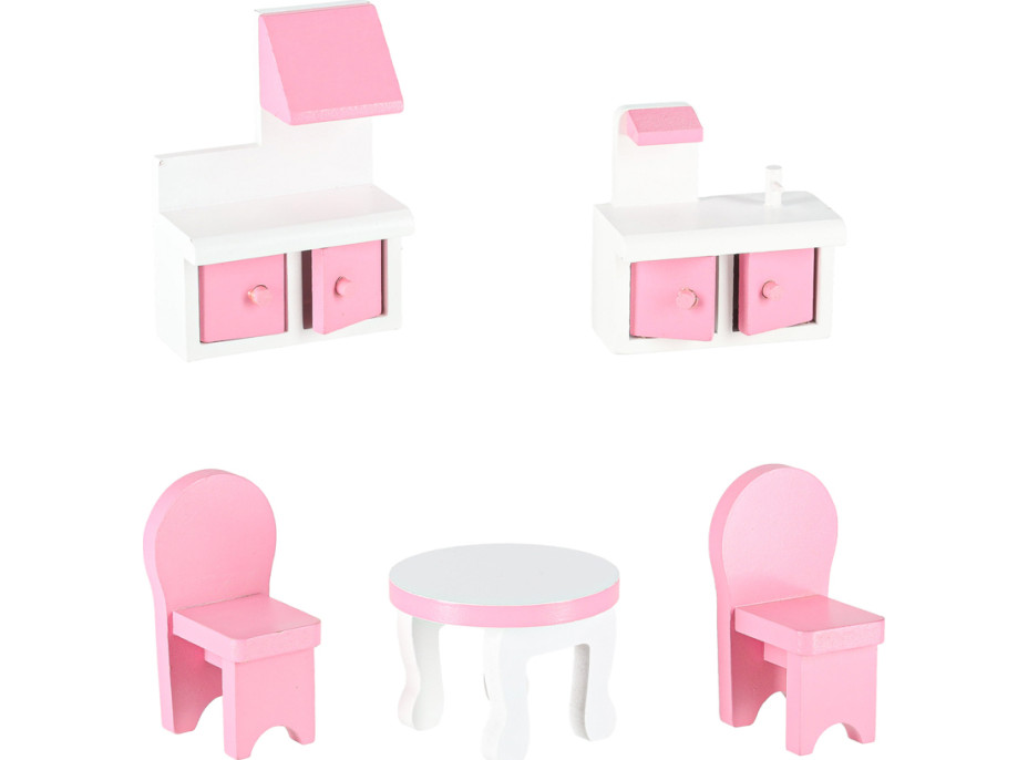 MDF dřevěný domeček pro panenky + nábytek 70cm růžový LED