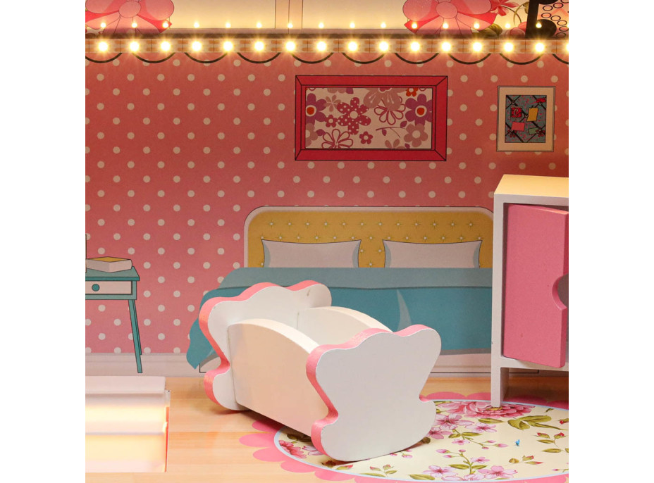MDF dřevěný domeček pro panenky + nábytek 70cm růžový LED