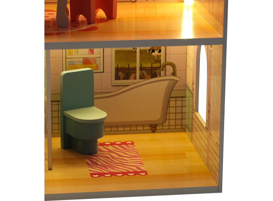 MDF dřevěný domeček pro panenky + nábytek 70cm růžový LED