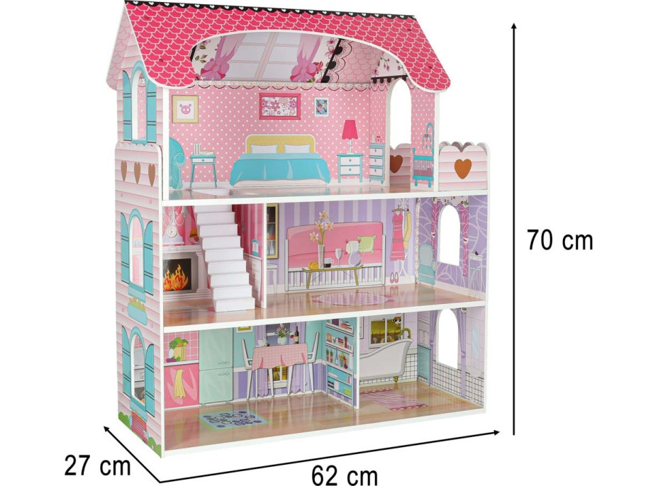 MDF dřevěný domeček pro panenky + nábytek 70cm růžový LED