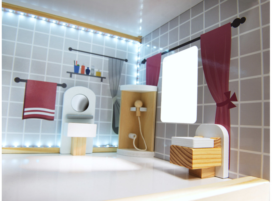 MDF dřevěný domeček pro panenky + nábytek 78cm černý LED