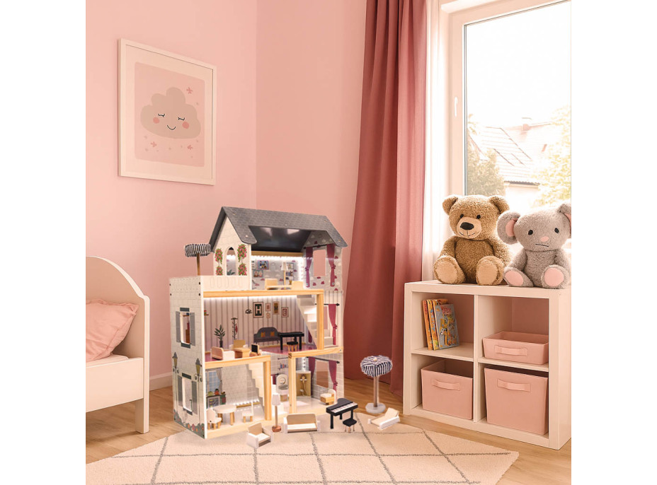 MDF dřevěný domeček pro panenky + nábytek 78cm černý LED