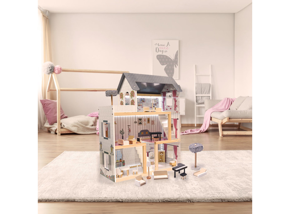 MDF dřevěný domeček pro panenky + nábytek 78cm černý LED