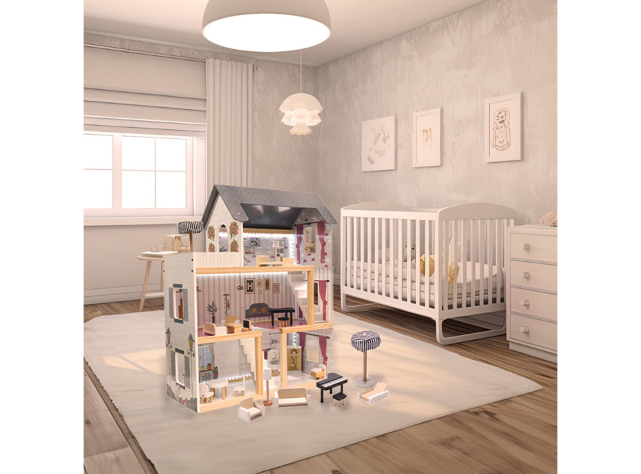MDF dřevěný domeček pro panenky + nábytek 78cm černý LED
