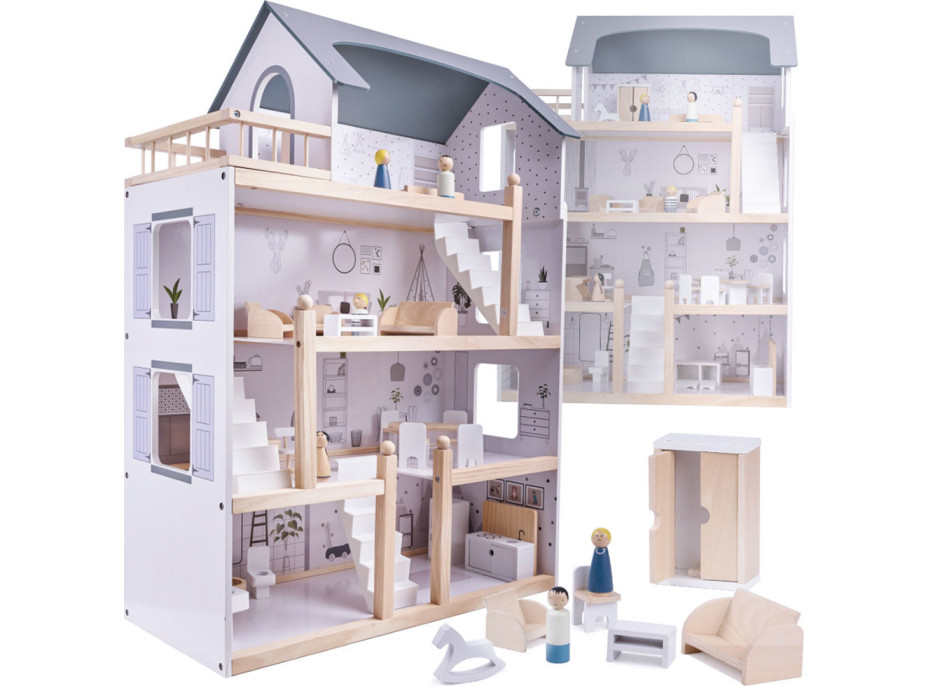 Dřevěný domeček pro panenky + nábytek 80cm