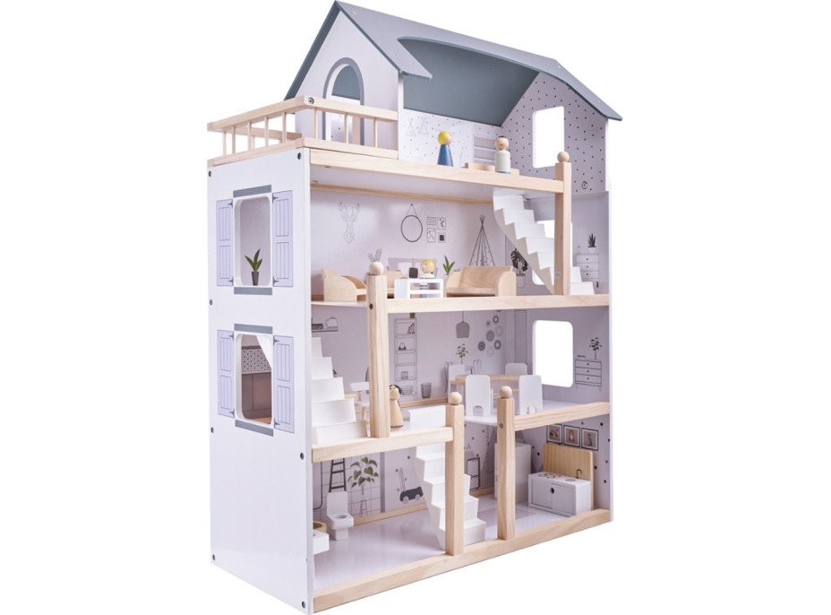 Dřevěný domeček pro panenky + nábytek 80cm