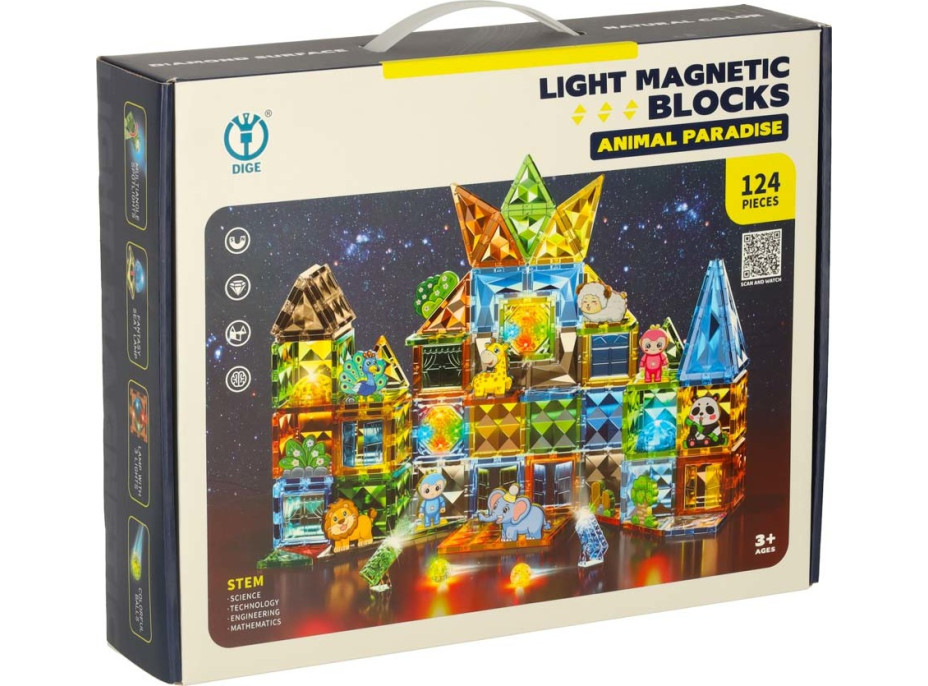 3D magnetické stavebnice svítící Zvířecí park - 124 prvků