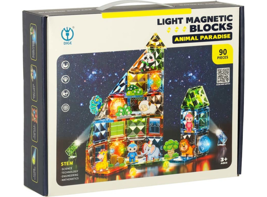 3D stavební magnetické kostky svítící Zvířecí park - 90 prvků