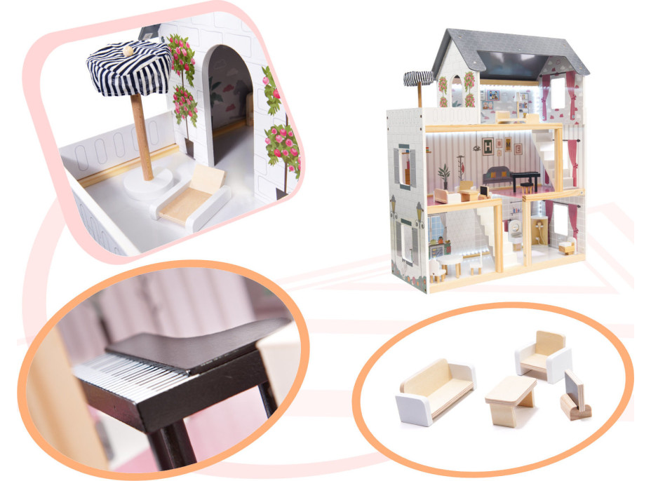 MDF dřevěný domeček pro panenky + nábytek 78cm černý LED