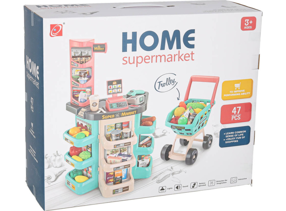 Pokladna v supermarketu s nákupním vozíkem