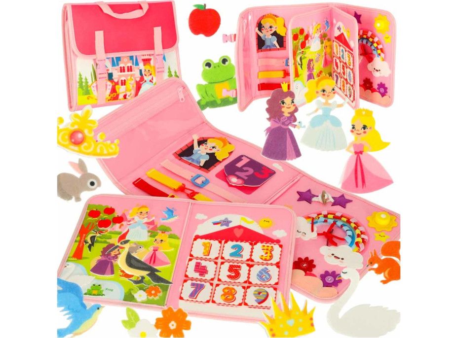 Smyslová manipulační Montessori quiet book - Růžová aktovka