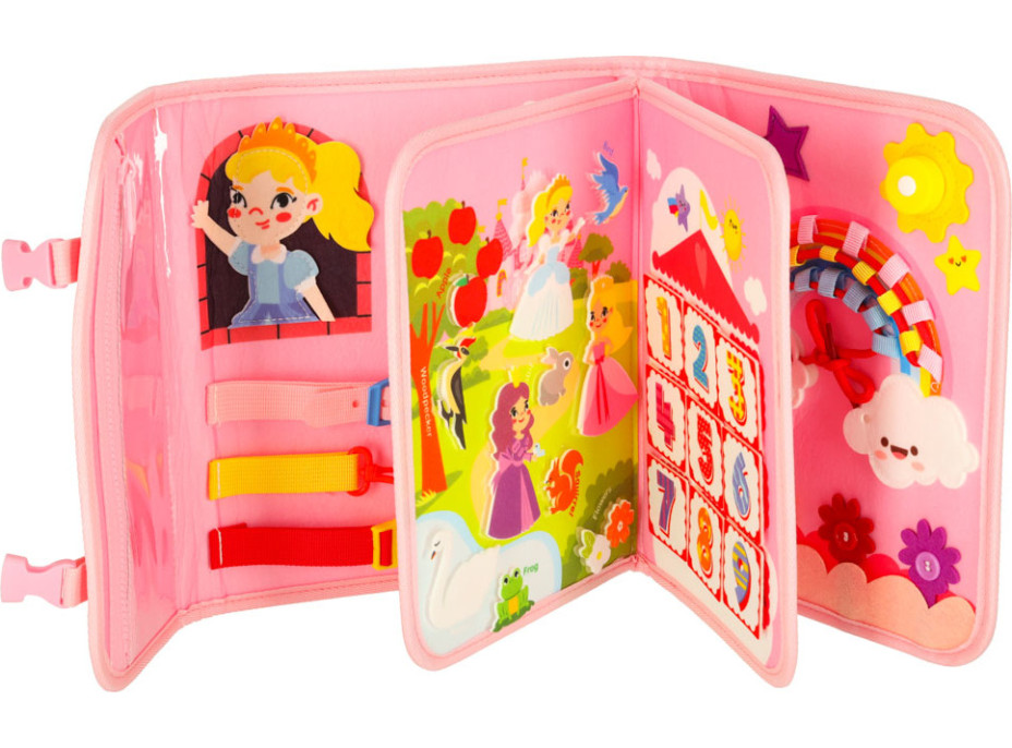 Smyslová manipulační Montessori quiet book - Růžová aktovka