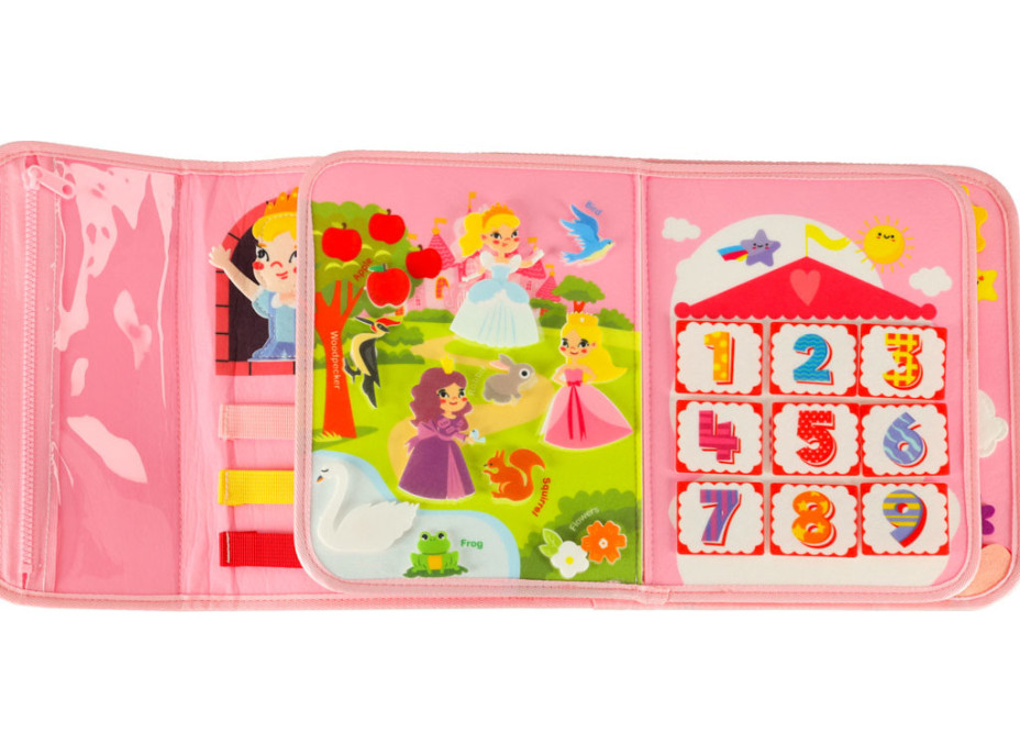 Smyslová manipulační Montessori quiet book - Růžová aktovka
