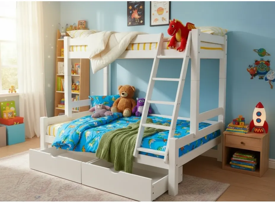 Dětská patrová postel s rozšířeným spodním lůžkem z MASIVU 200x90 cm se šuplíky PAVLÍNA