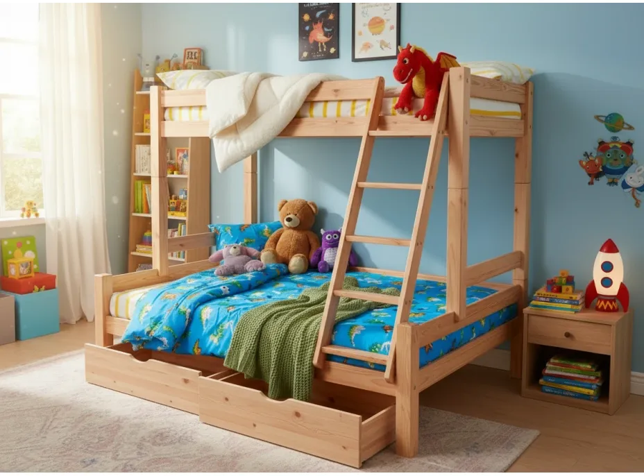 Dětská patrová postel s rozšířeným spodním lůžkem z MASIVU 200x90 cm se šuplíky PAVLÍNA