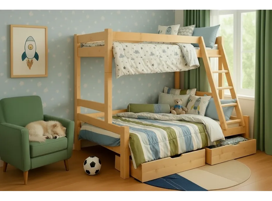 Dětská patrová postel s rozšířeným spodním lůžkem z MASIVU 200x90 cm se šuplíky PAVLÍNA