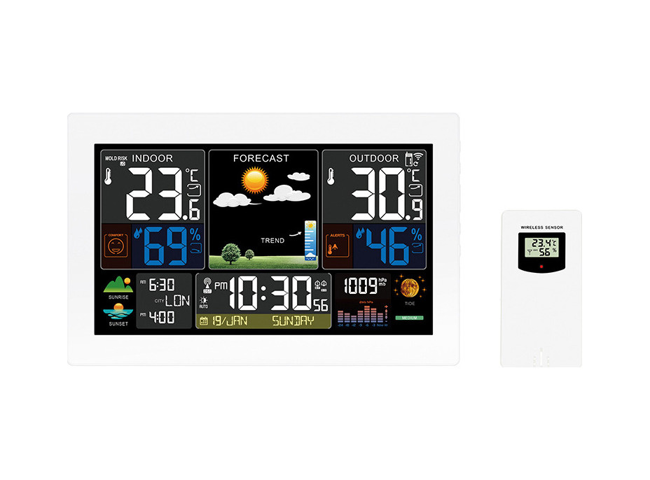 Solight meteostanice, extra velký barevný LCD, teplota, vlhkost, tlak, RCC, USB nabíjení, bílá
