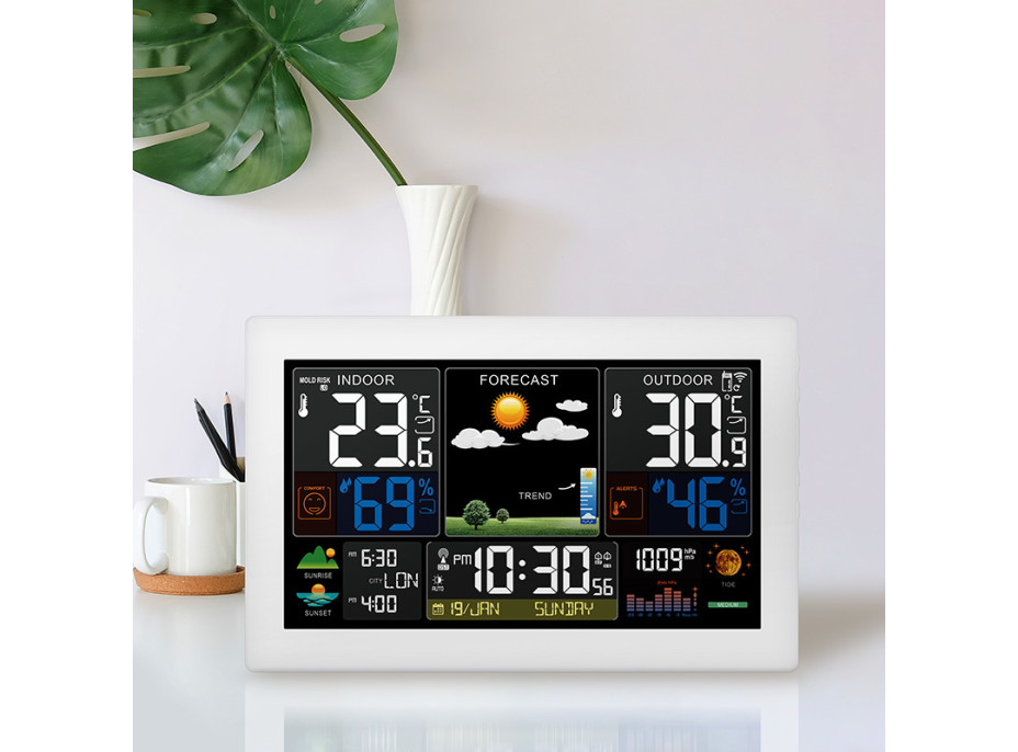 Solight meteostanice, extra velký barevný LCD, teplota, vlhkost, tlak, RCC, USB nabíjení, bílá