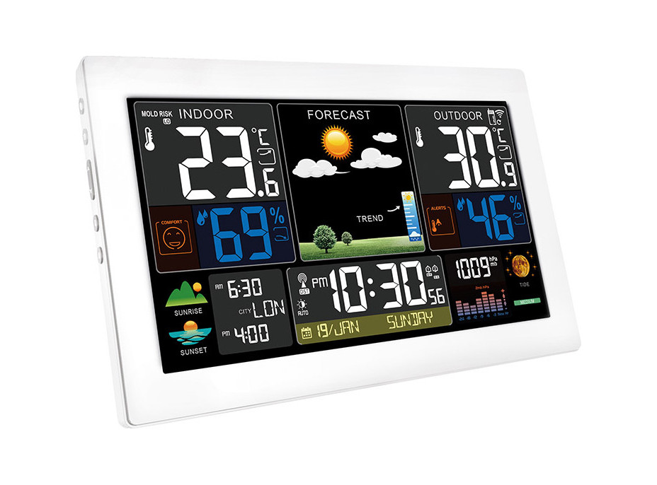 Solight meteostanice, extra velký barevný LCD, teplota, vlhkost, tlak, RCC, USB nabíjení, bílá