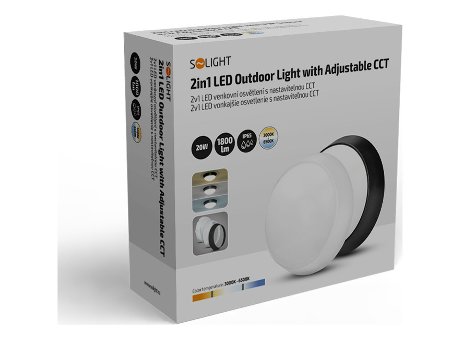 Solight LED venkovní osvětlení, nastavitelná teplota světla - 3CCT, 15/18/20W, 1800lm, 22cm, 2v1 - bílý a černý kryt