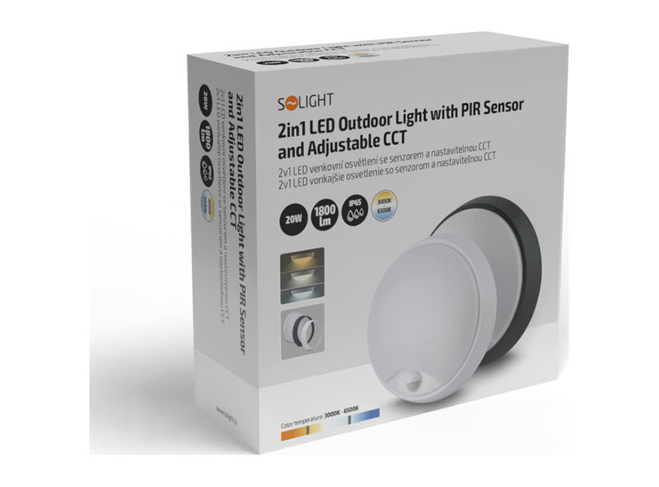 Solight LED venkovní osvětlení se senzorem, 3 CCT, 15/18/20W, 1800lm, 22cm, 2v1 - bílý a černý kryt