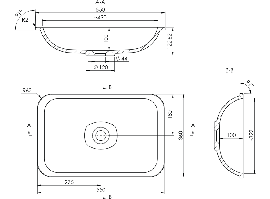 Sapho JAPURA umyvadlo zápustné, litý mramor, 55x36cm, černá mat 50135B