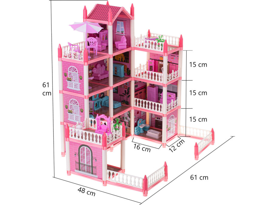 Domeček pro panenky Vila 4 úrovně - růžový