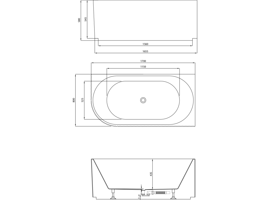 Aqualine TIBERA STRIP R rohová stojící vana, 170x81cm, bílá E1015G