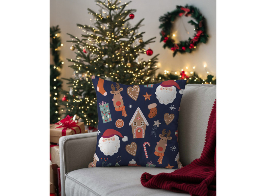 Vánoční povlak na polštář HOLLY JOLLY Vánoční dekorace 45x45 cm - tmavě modrý