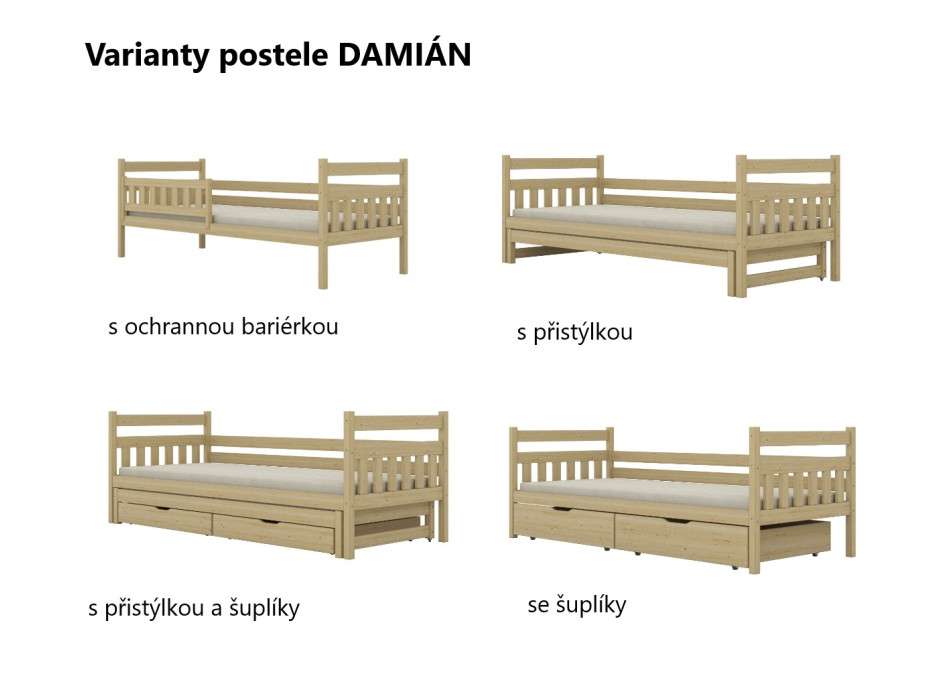 Dětská postel z masivu borovice DAMIÁN - 180x80 cm - bez povrchových úprav