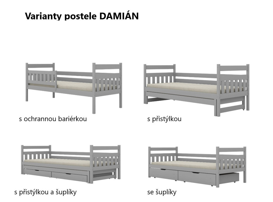 Dětská postel z masivu borovice DAMIÁN - 180x80 cm - šedá