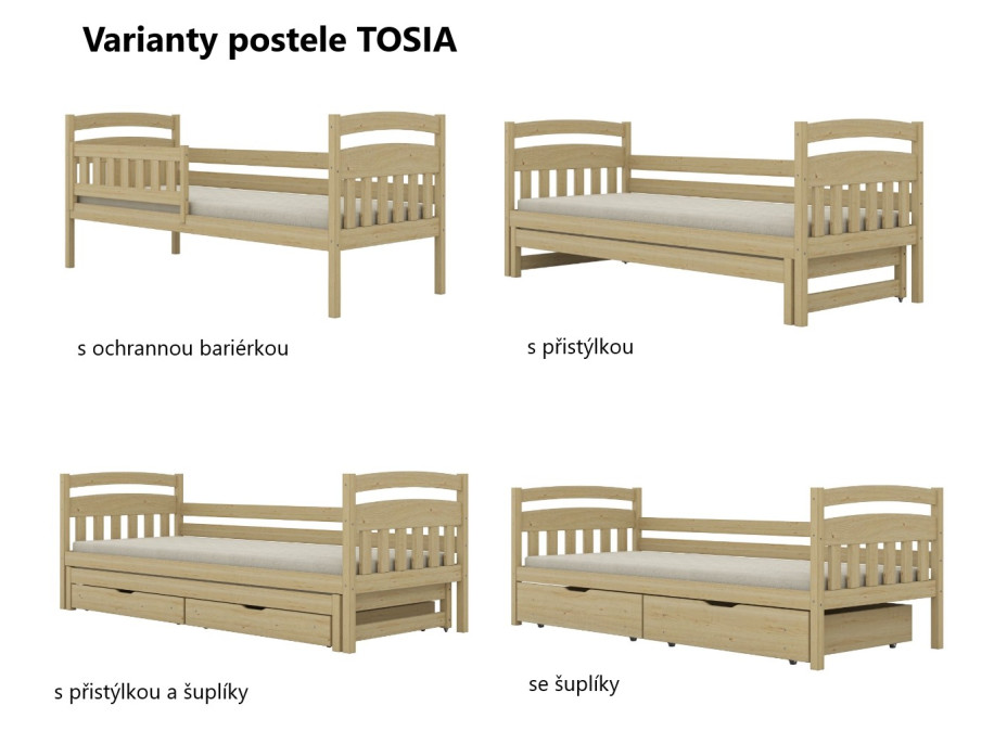 Dětská postel z masivu borovice TOSIA - 160x80 cm - bez povrchových úprav