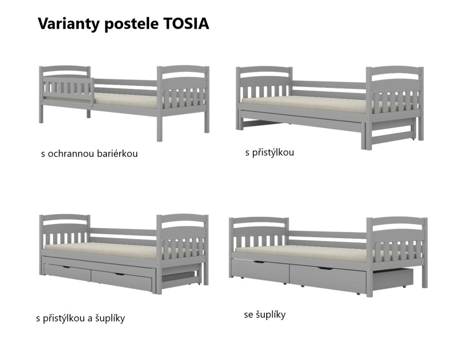 Dětská postel z masivu borovice TOSIA - 180x80 cm - šedá