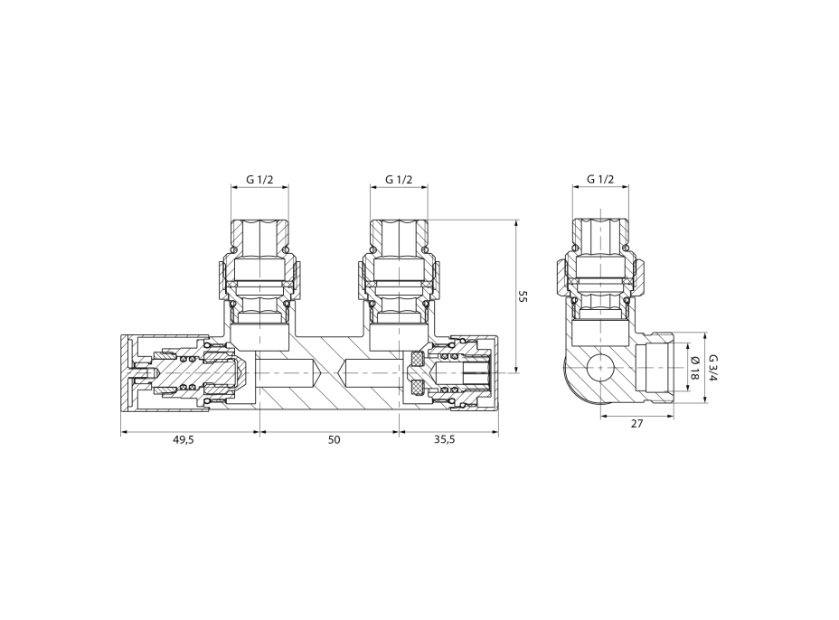 Aqualine R-START připojovací sada ventilů pro středové připojení, chrom SR230C
