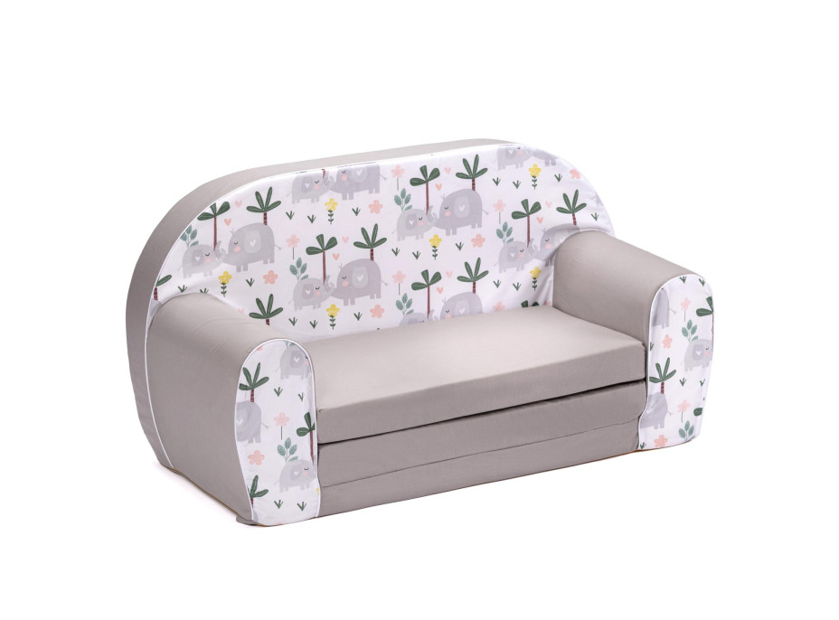 Dětská rozkládací MINI pohovka Sloni - bílá/šedá