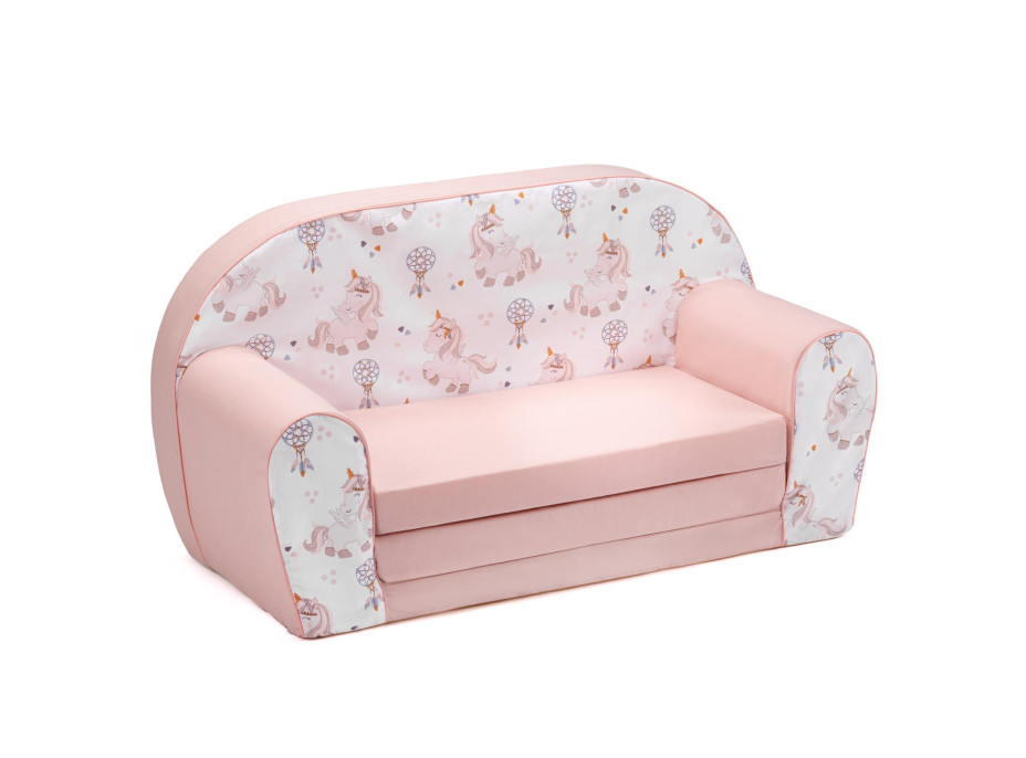 Dětská rozkládací MINI pohovka Jednorožci - bílá/růžová