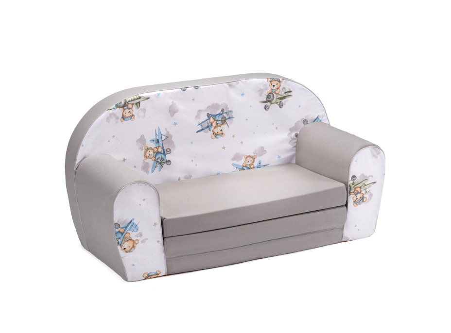 Dětská rozkládací MINI pohovka Medvídek v letadle- bílá/šedá