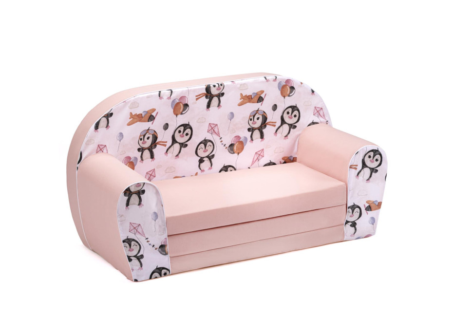 Dětská rozkládací MINI pohovka Tučňáci - bílá/růžová