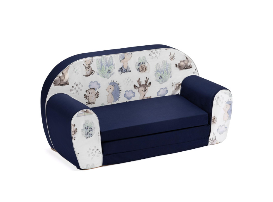 Dětská rozkládací MINI pohovka Vlk a kamarádi - bílá/tmavě modrá