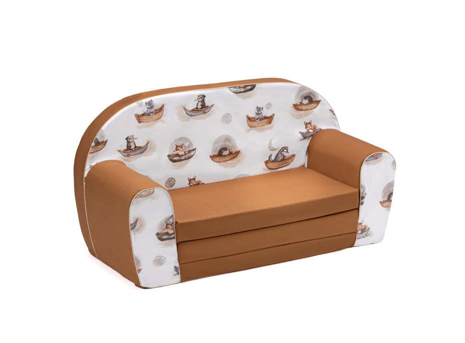 Dětská rozkládací MINI pohovka Zvířátka na lodičkách - bílá/hnědá