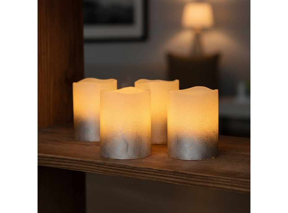 Solight sada LED svíček s časovačem, 4x svíčka, 6,5cm, stříbrná barva, 4xCR2032 součástí