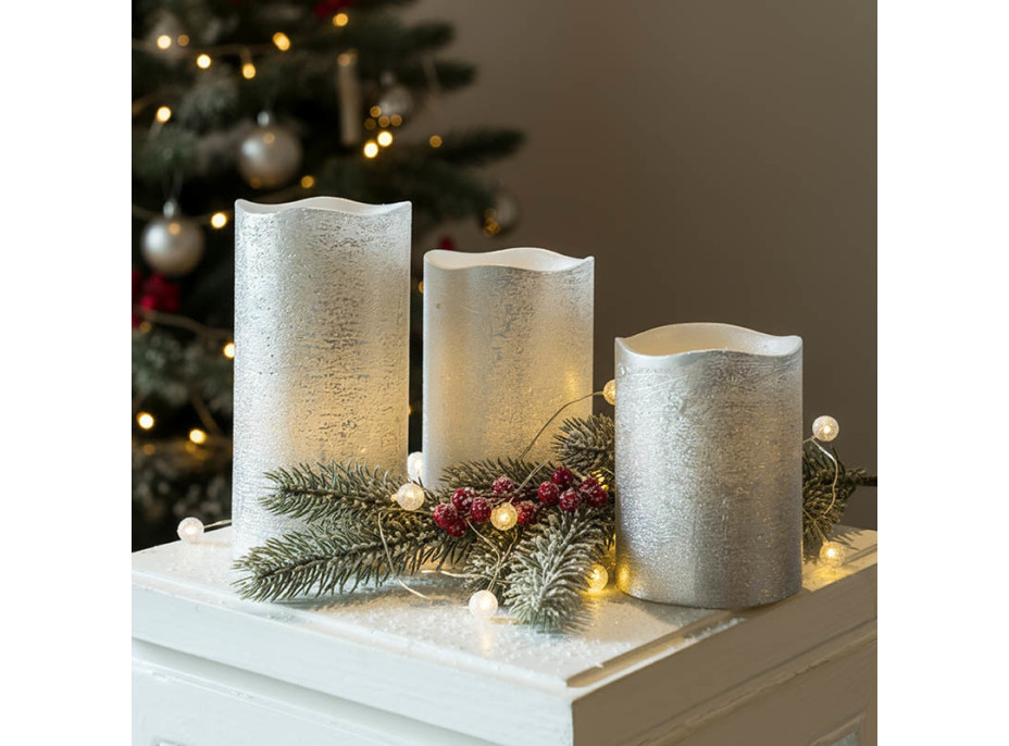 Solight sada LED svíček, 3x svíčka, 10/13/16cm, stříbrná barva, 3x AAA