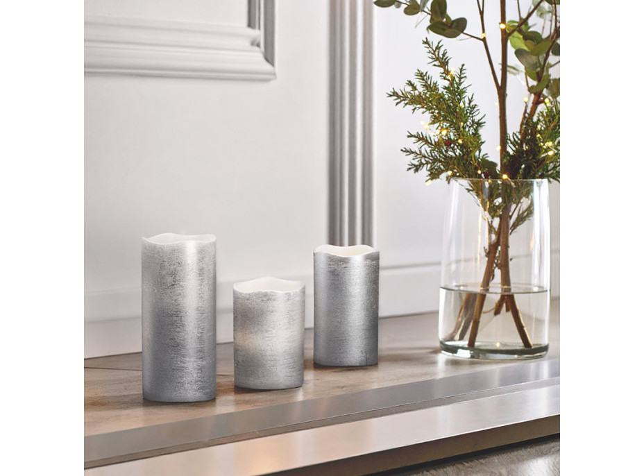 Solight sada LED svíček, 3x svíčka, 10/13/16cm, stříbrná barva, 3x AAA