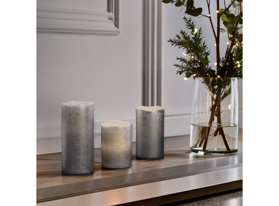 Solight sada LED svíček, 3x svíčka, 10/13/16cm, stříbrná barva, 3x AAA