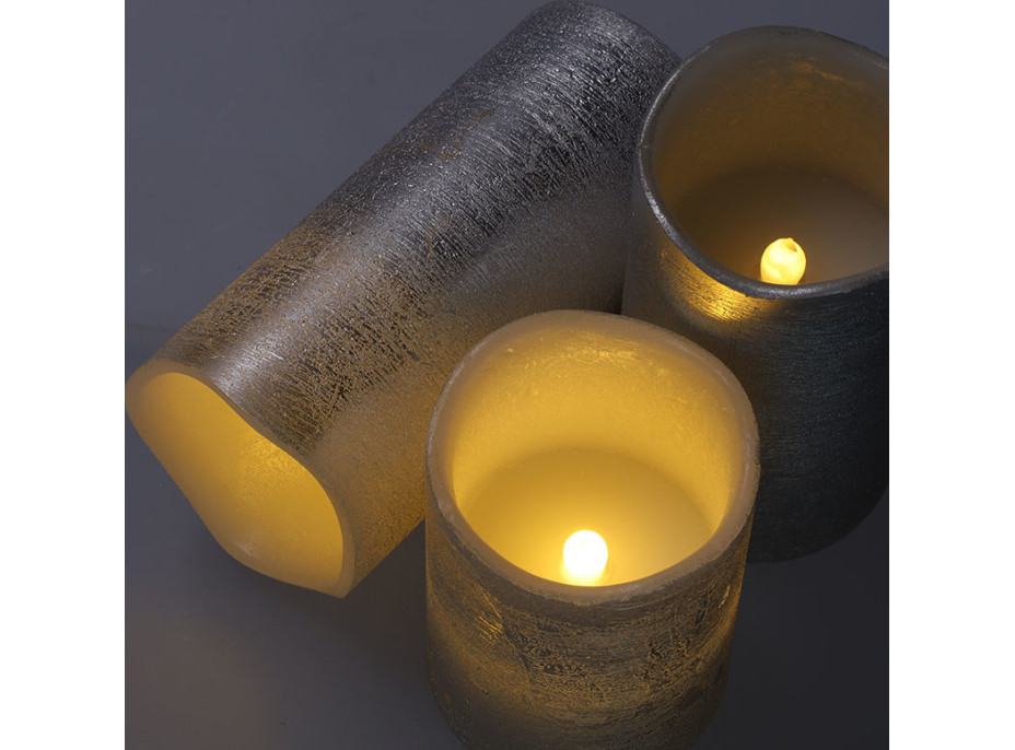 Solight sada LED svíček, 3x svíčka, 10/13/16cm, stříbrná barva, 3x AAA