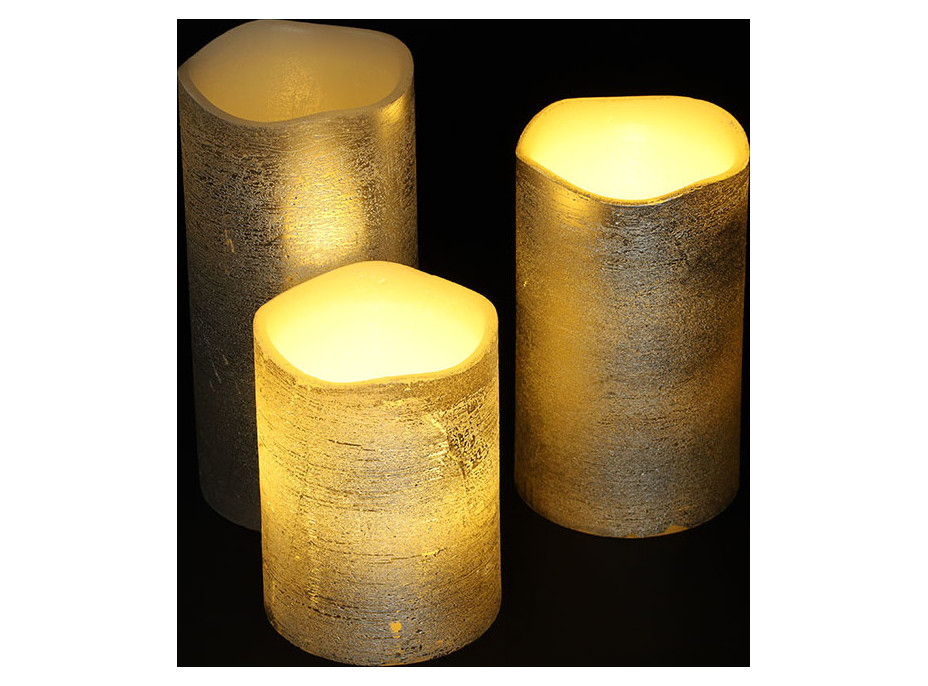 Solight sada LED svíček, 3x svíčka, 10/13/16cm, stříbrná barva, 3x AAA