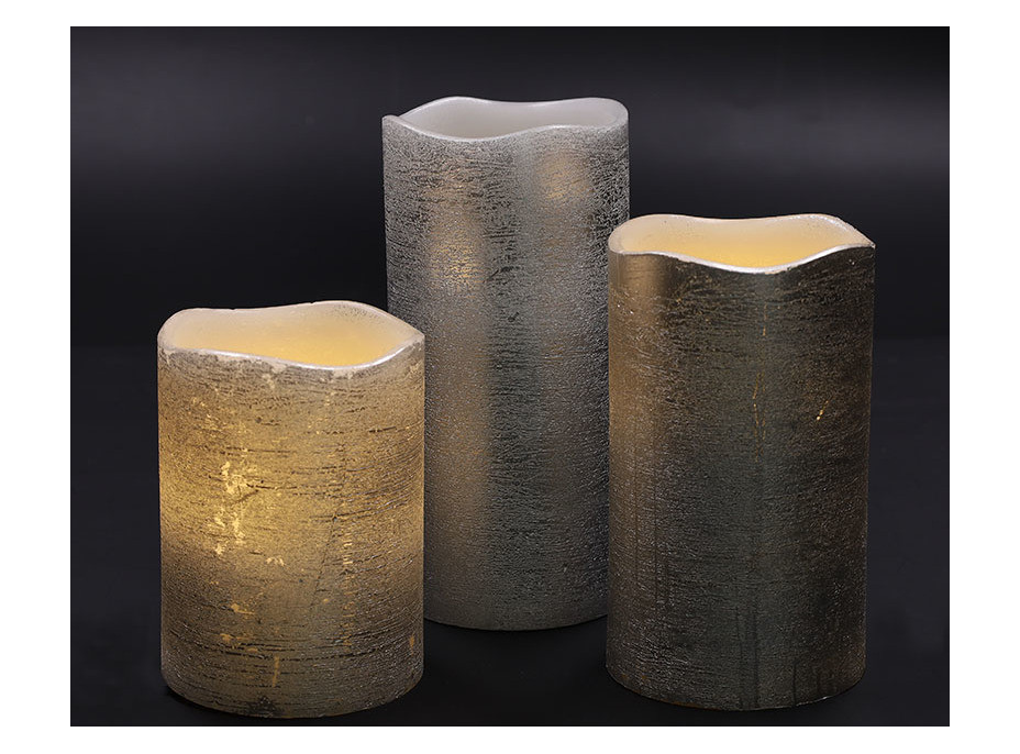 Solight sada LED svíček, 3x svíčka, 10/13/16cm, stříbrná barva, 3x AAA