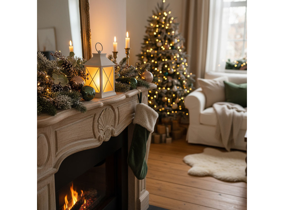 Solight LED vánoční lucerna bílá, 20cm, časovač, 2x AA