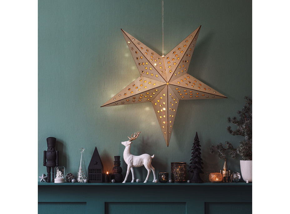 Solight LED dřevěná vánoční hvězda, závěsná, časovač, 20x LED, 65cm, 2x AA